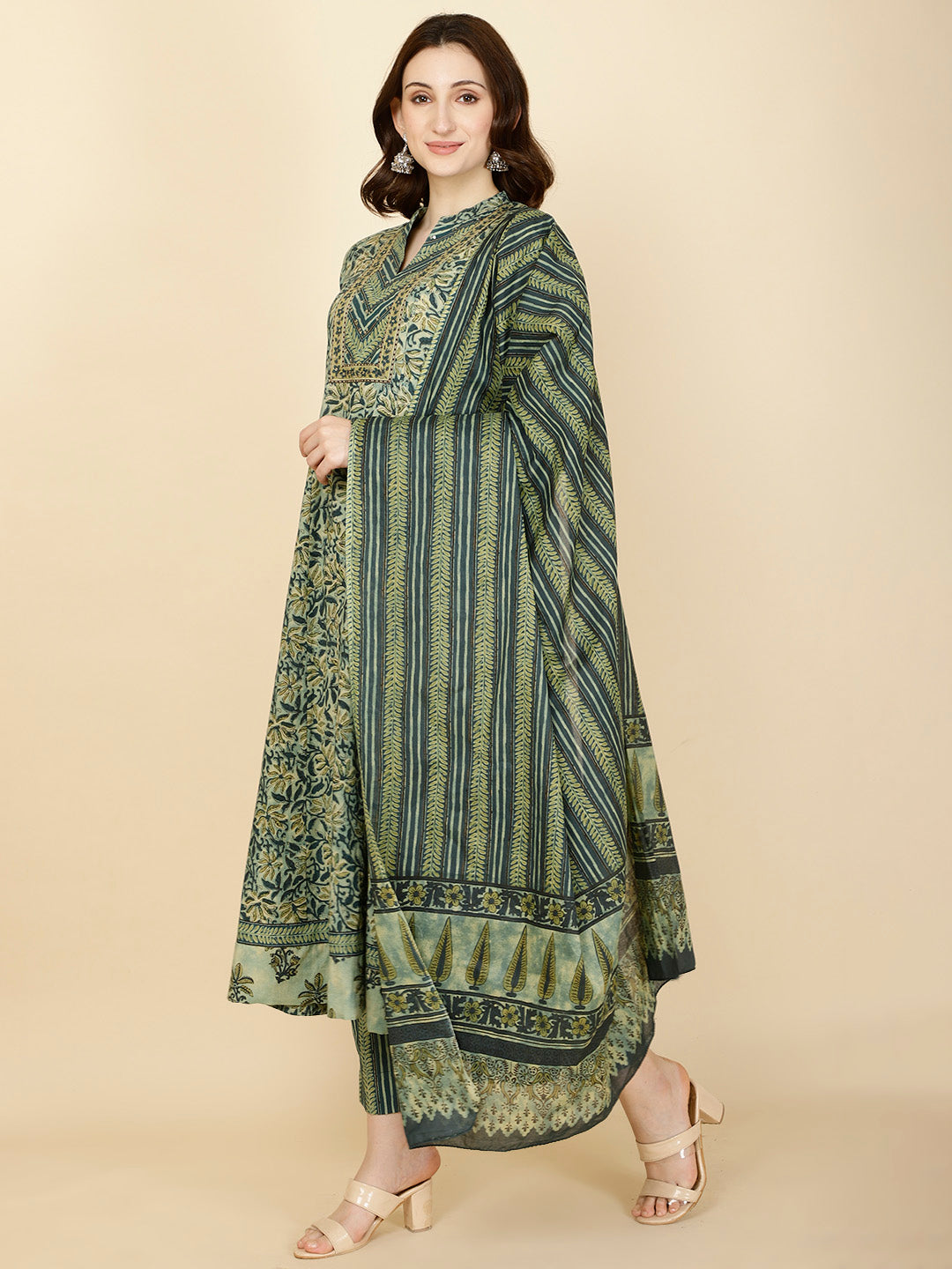Floral Printed Cotton Anarkali Kurta With Pants &amp; Dupatta