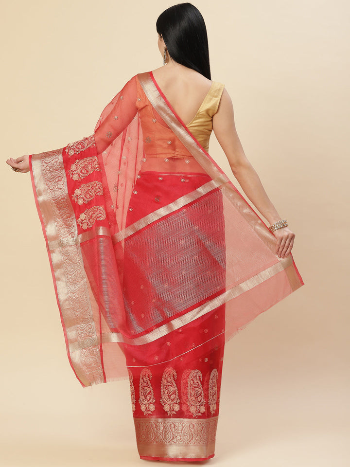 Embroidered Booti Organza Plain Saree