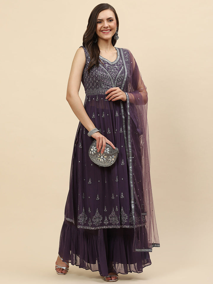 Resham Mirror Booti Georgette Kurta With Palazzo &amp; Dupatta
