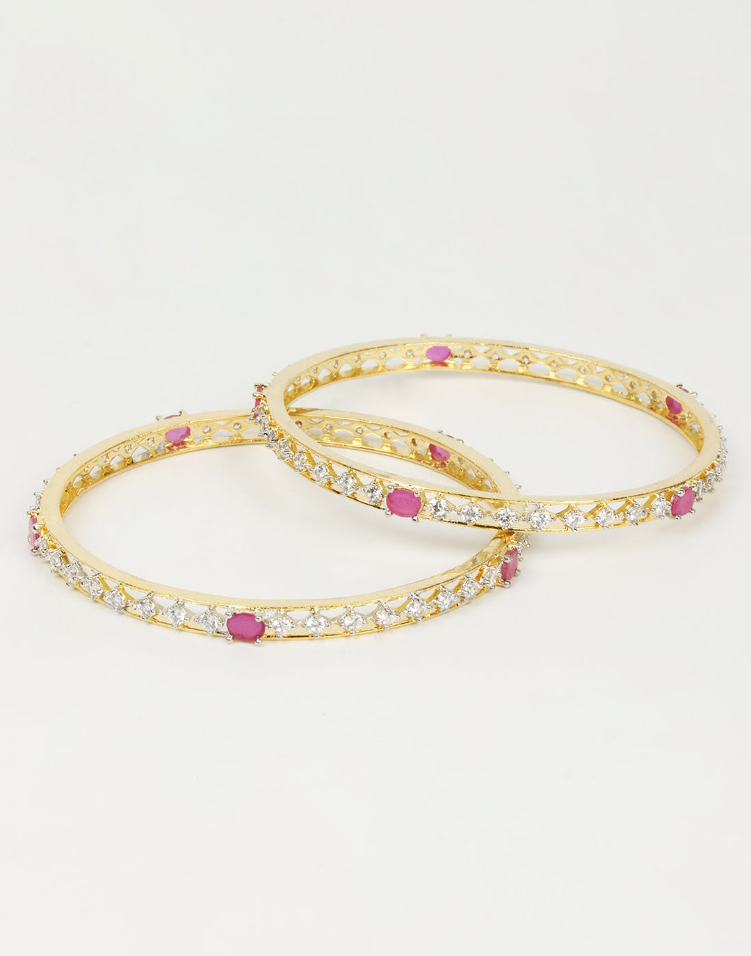 Gold And Diamond Bangles With Red Colored Stones