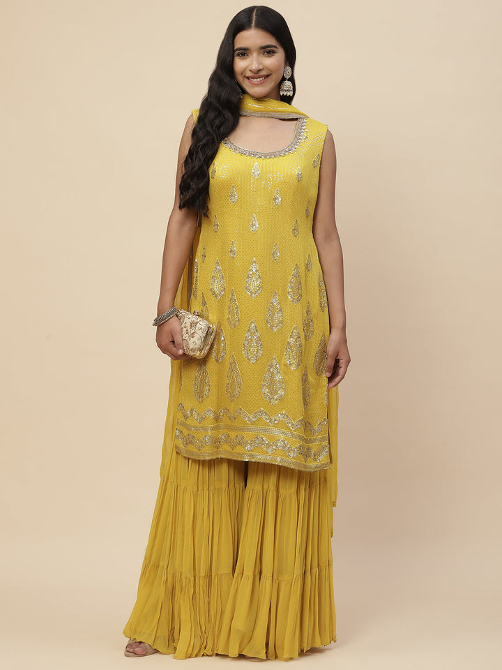 Sequin Embroidered Georgette Kurta With Sharara &amp; Dupatta