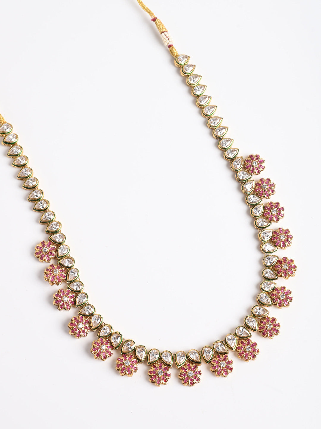 Golden &amp; Maroon Kundan Necklace Set With Earrings
