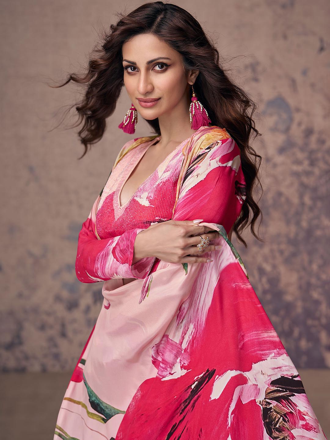 Bold Floral Print Chinon Suit With Pant &amp; Dupatta
