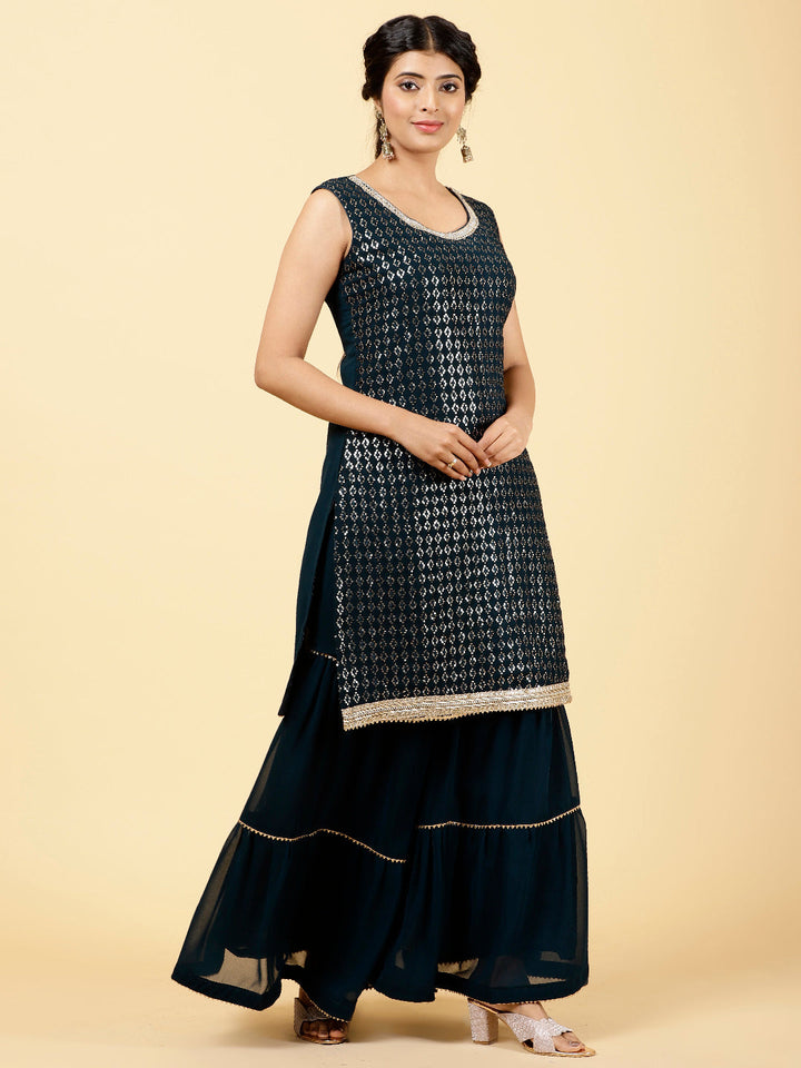 Sequin Embroidered Georgette Kurta With Garara &amp; Dupatta