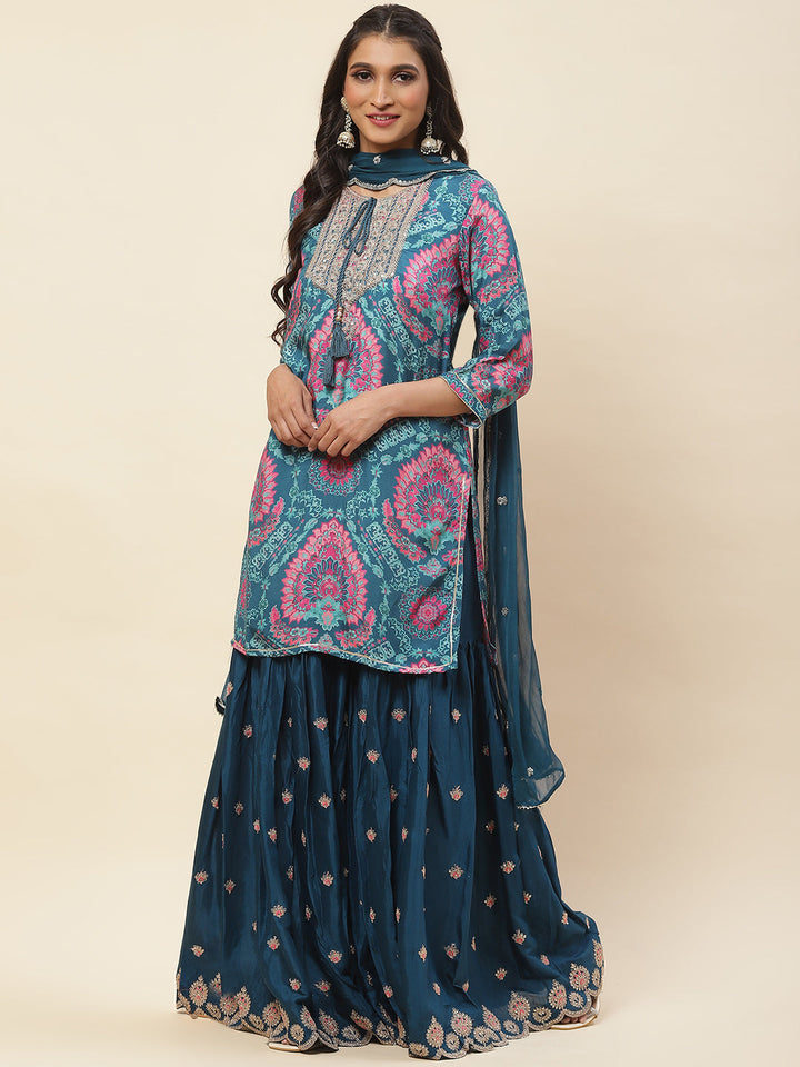 Floral Printed Cotton Kurta With Sharara &amp; Dupatta