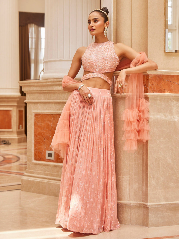 Cut Dana Embroidered Georgette Choli With Lehenga &amp; Net Dupatta