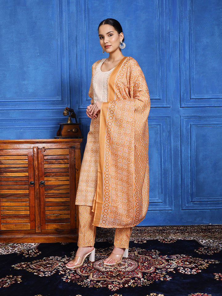 Floral Printed Cotton Kurta With Pants &amp; Dupatta