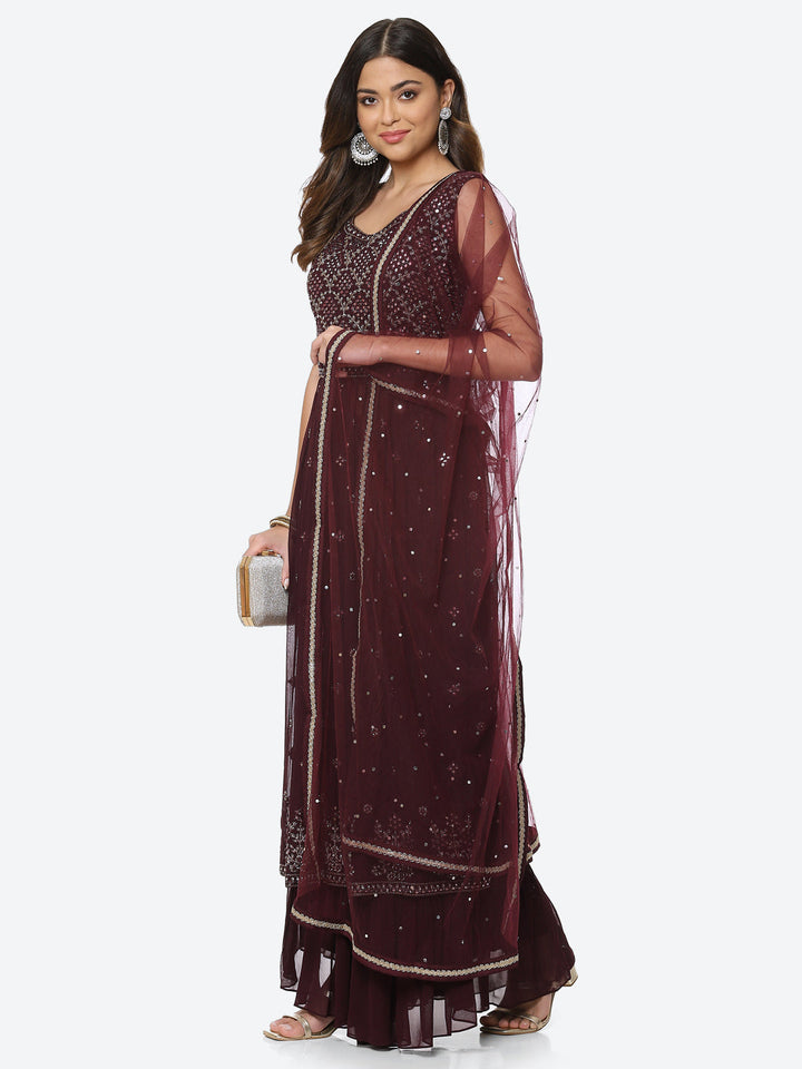 Resham Mirror Georgette Kurta With Palazzo &amp; Dupatta