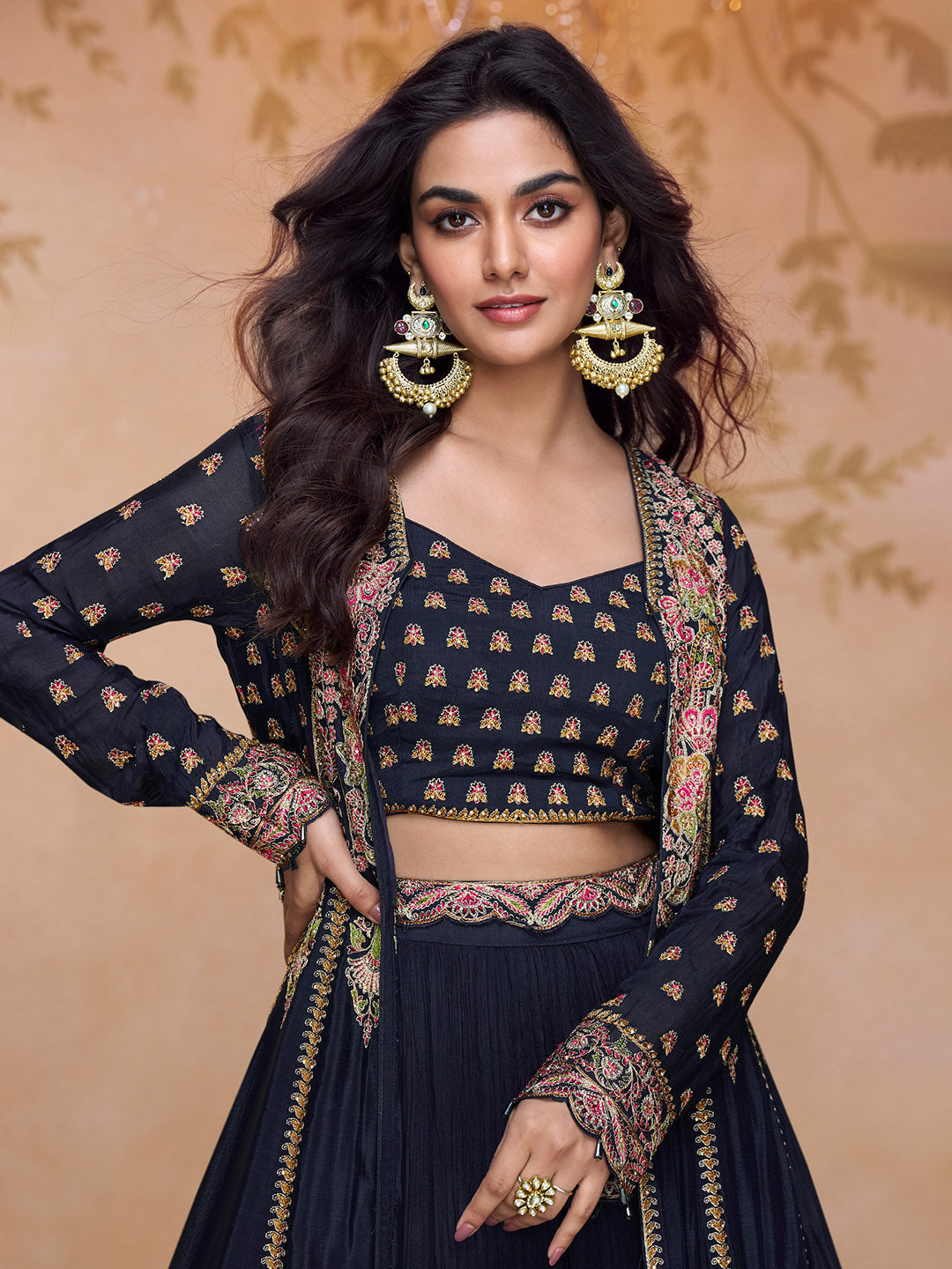 Embroidered Georgette Choli &amp; Skirt With Jacket