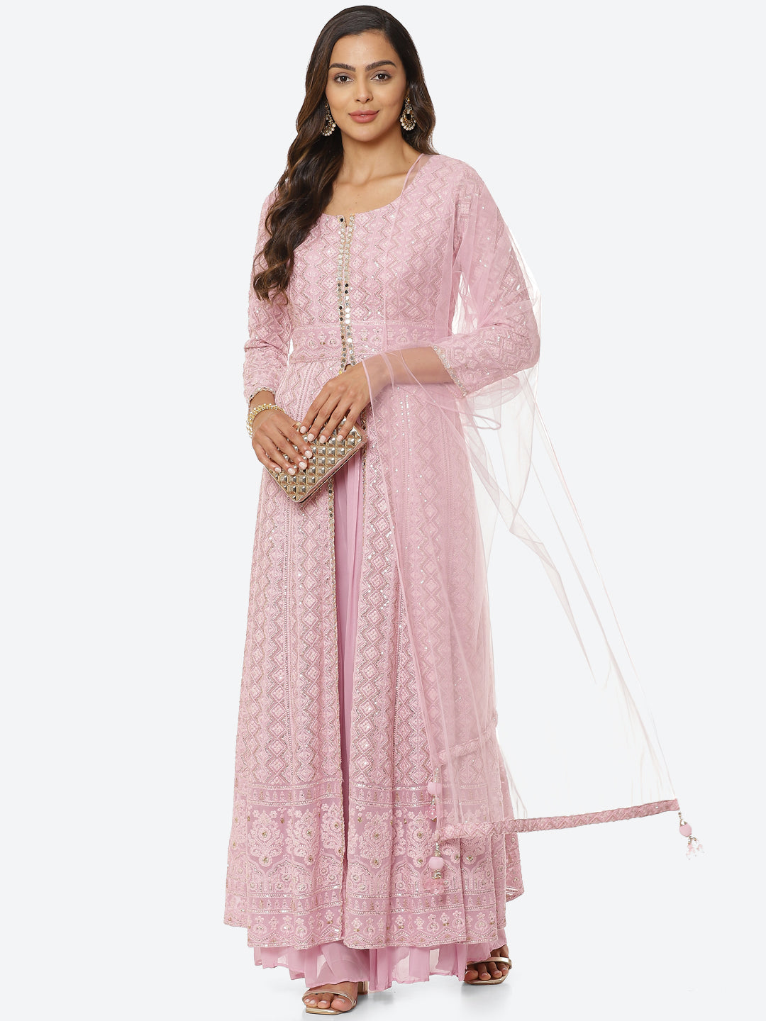 Thread Work Georgette Kurta With Palazzo &amp; Net Dupatta