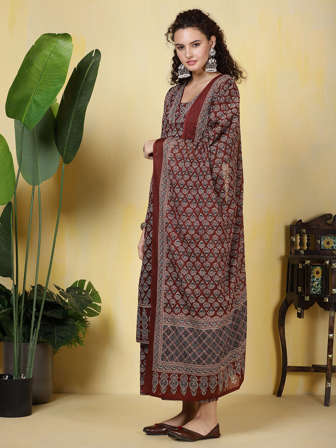 Printed Cotton Blend Kurta With Pants &amp; Dupatta