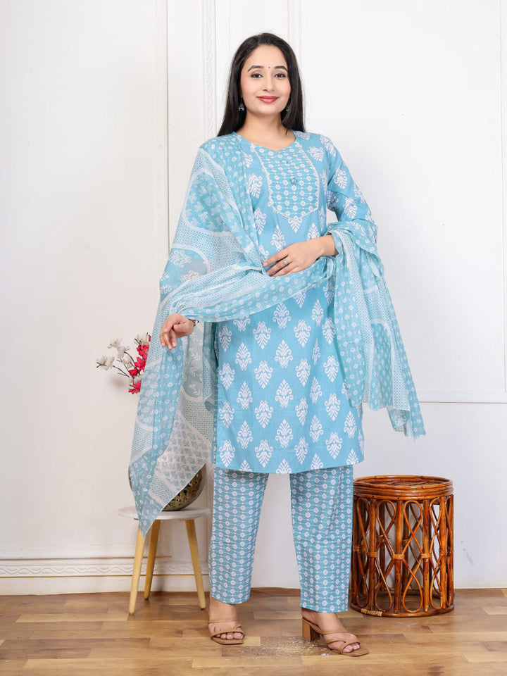 Embroidered Cotton Blend Kurta With Pant &amp; Dupatta