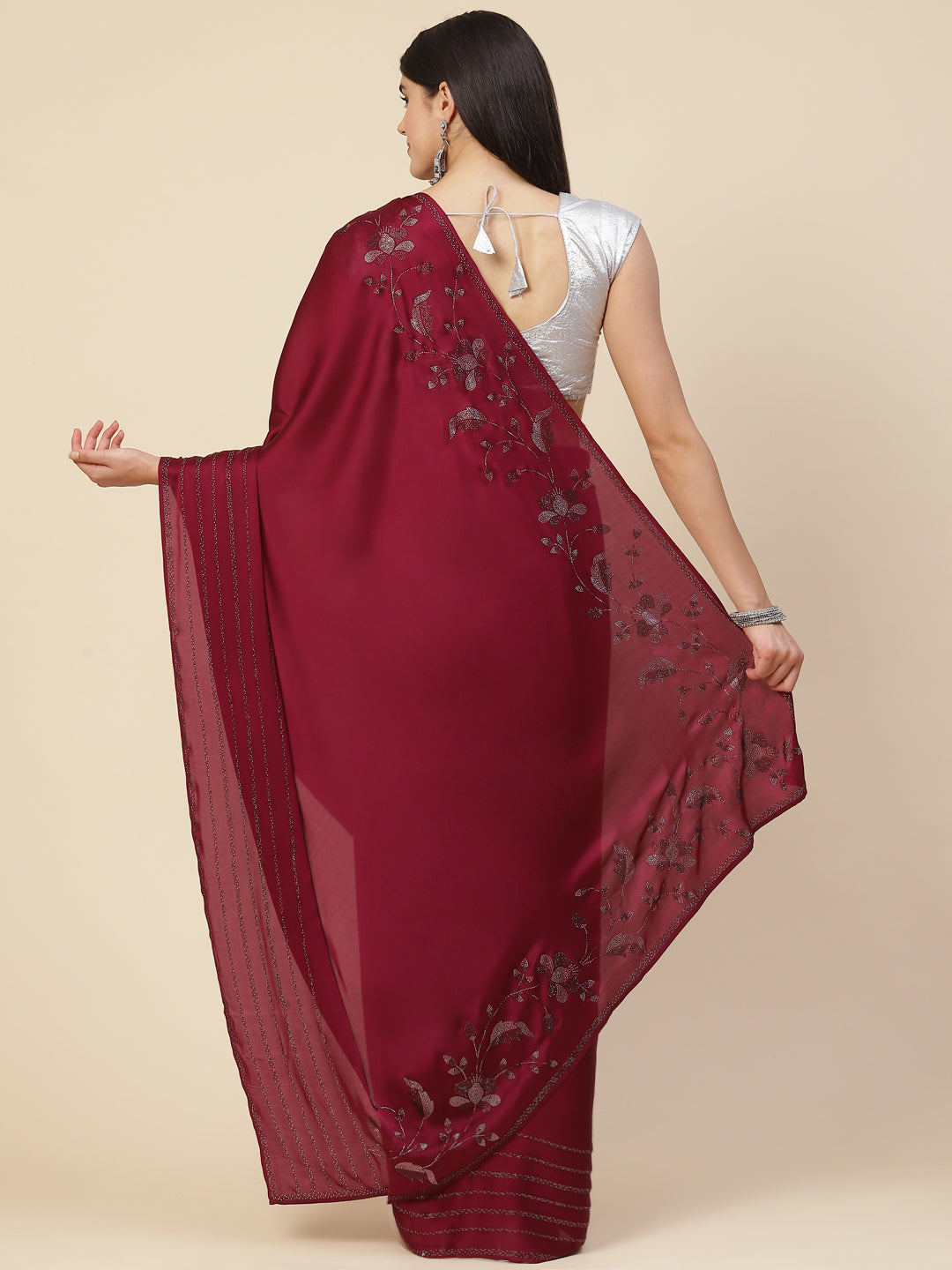 Stone Work Embroidered Satin Saree