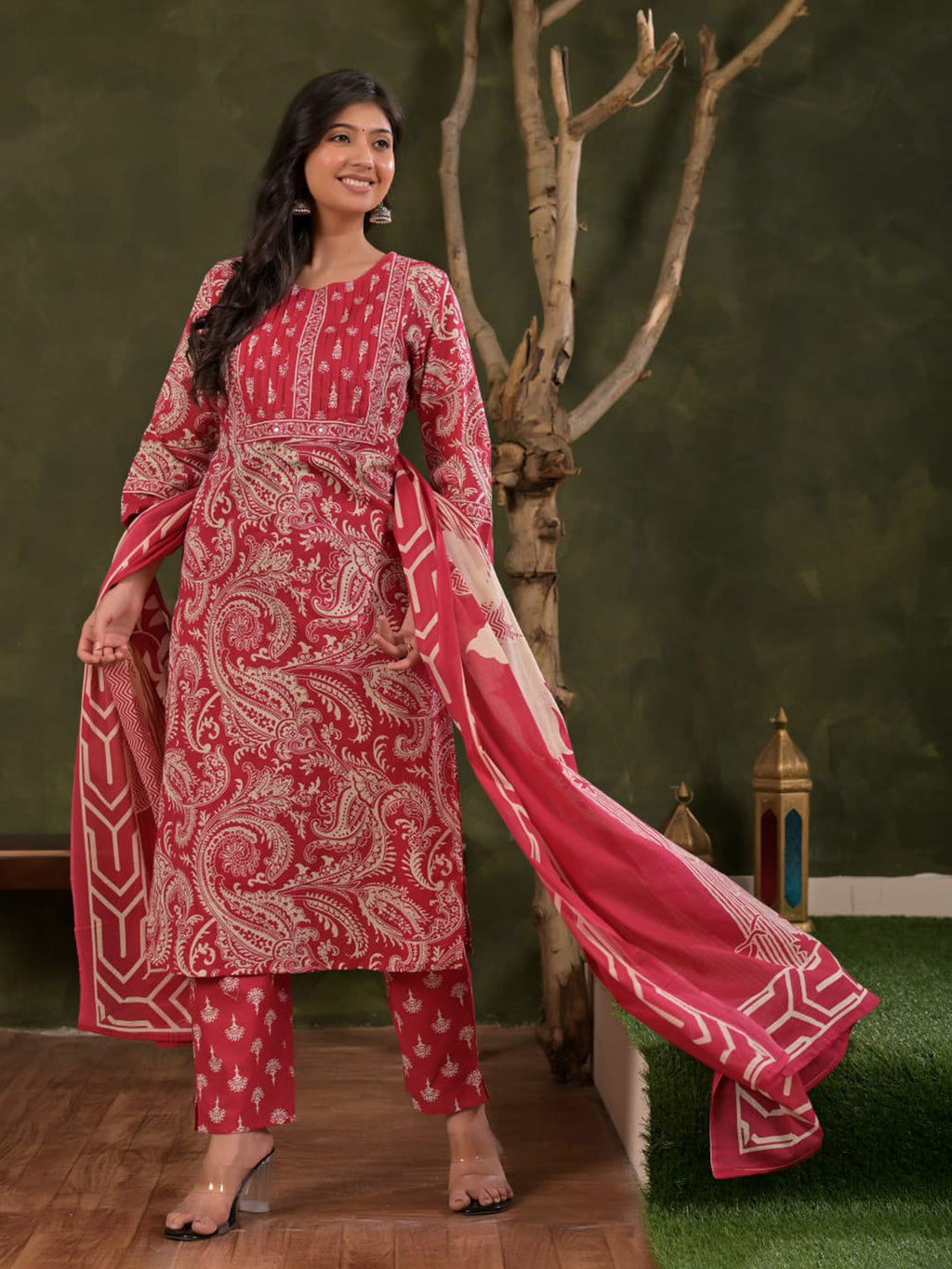 Magenta Embroidered Cotton Blend Straight Suit Set With Dupatta