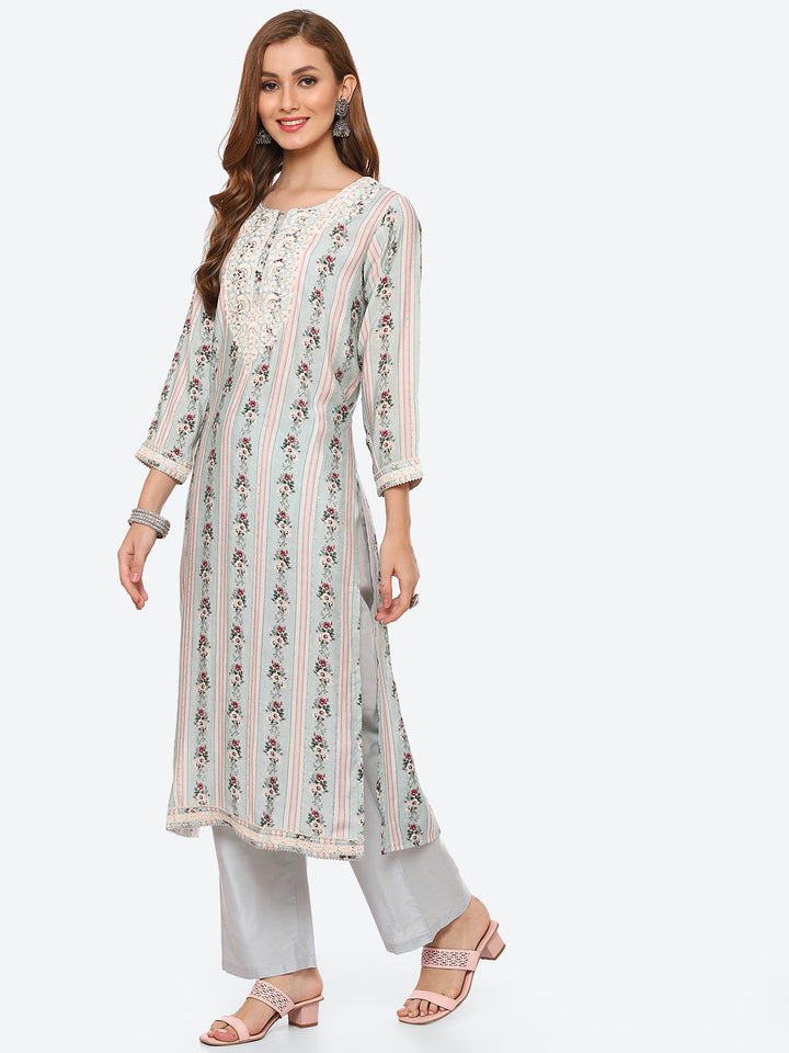Resham Work Floral Printed Muslin Kurta With Pant