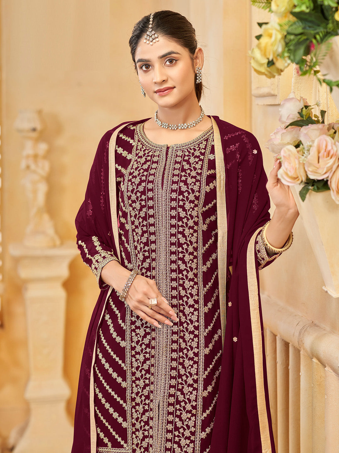 Embroidered Georgette Kurta With Sharara &amp; Dupatta