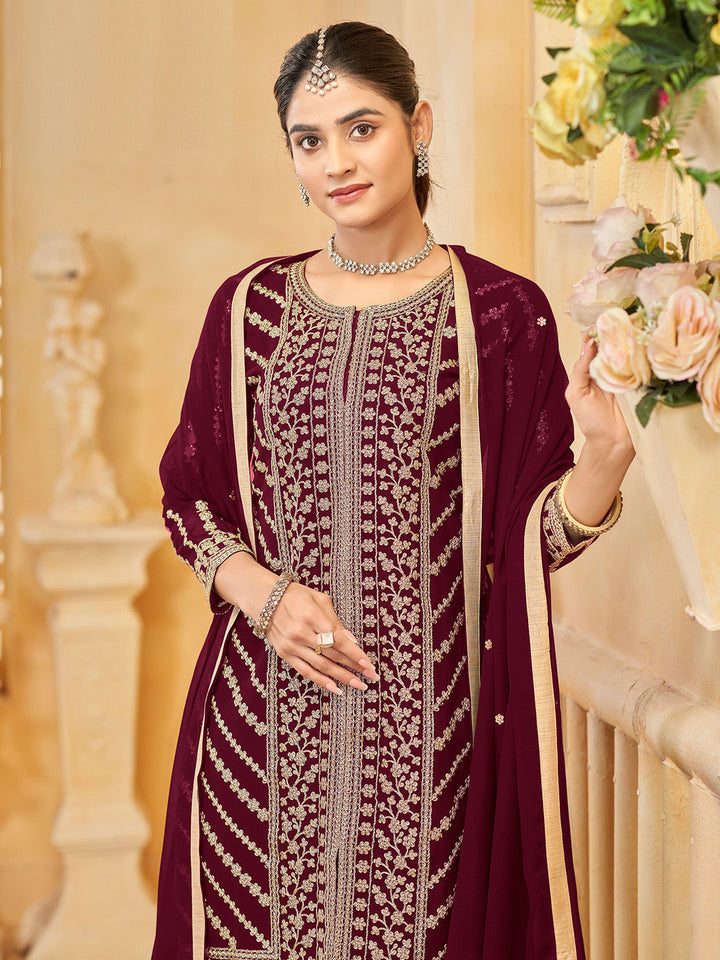 Embroidered Georgette Kurta With Sharara &amp; Dupatta