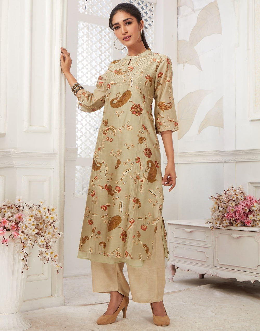 MBZ Meena Bazaar-Beige Cotton Chanderi Kurti