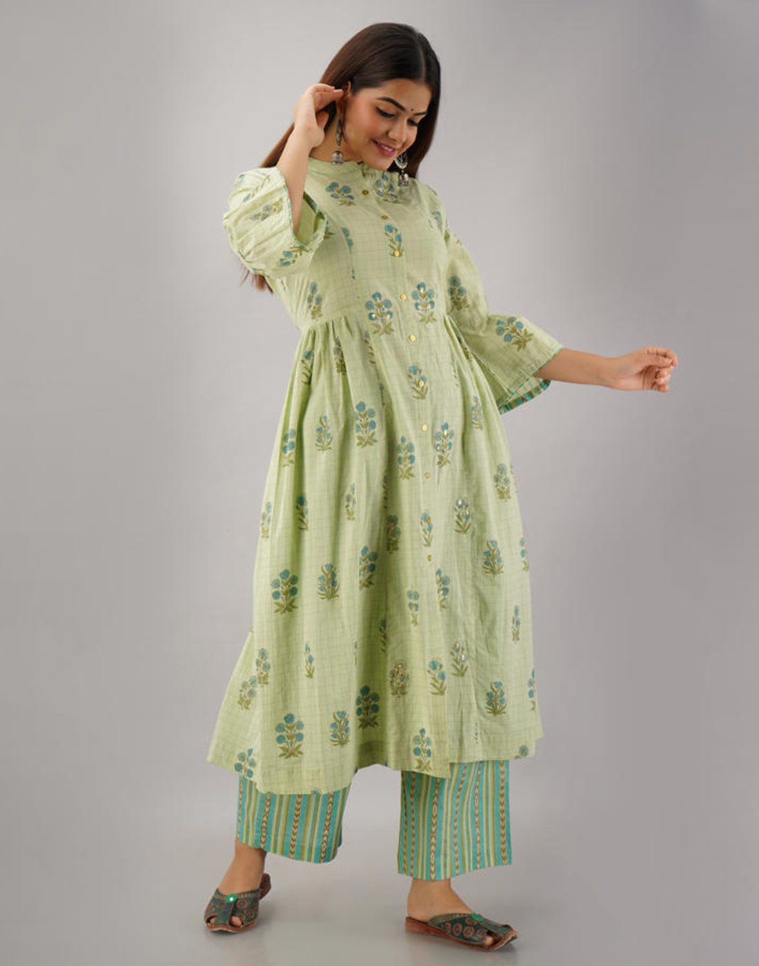 Printed Cotton Anarkali Kurti With Bell Sleeves And Pant