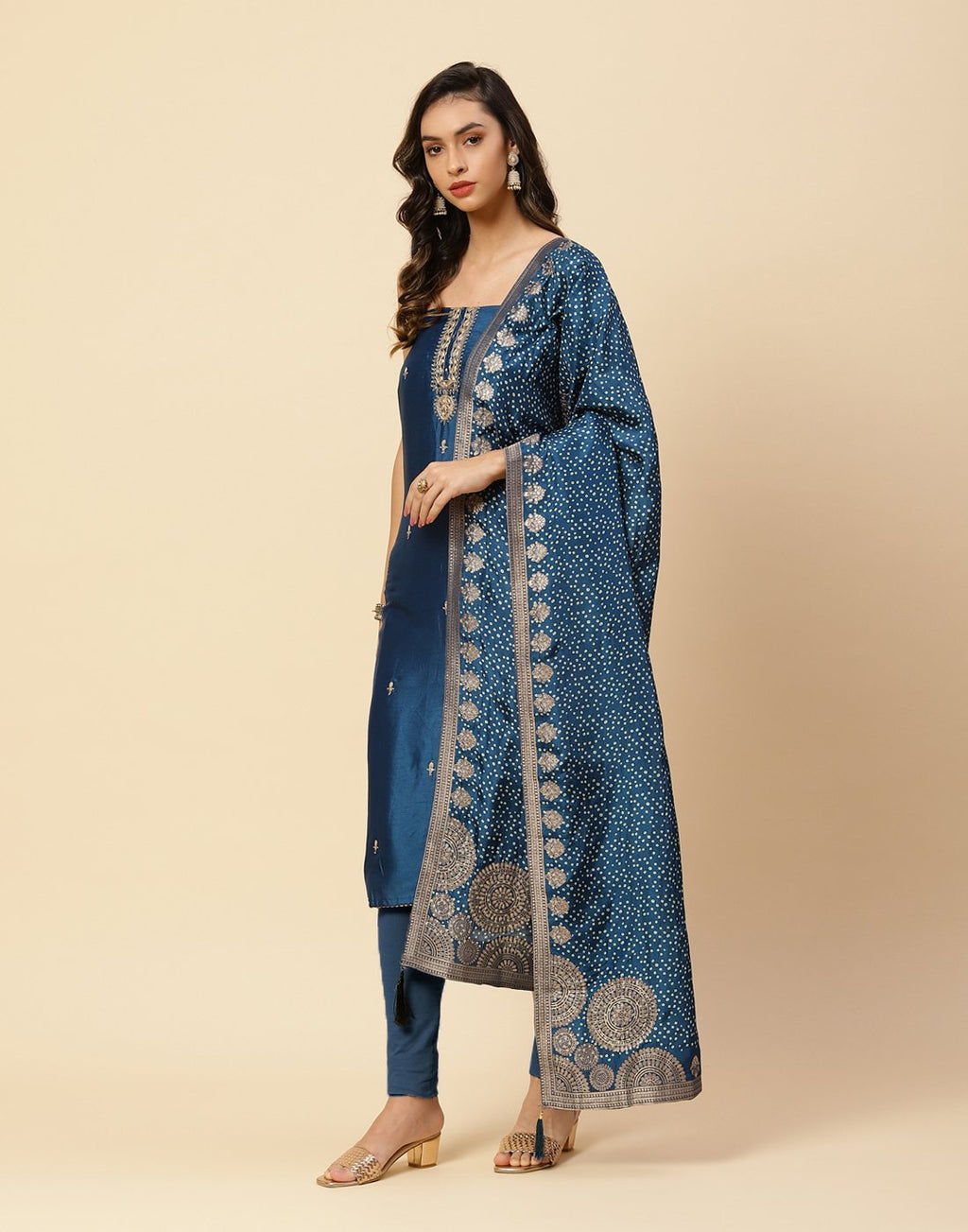 Embroidered Art Handloom Suit Piece With Leheriya Dupatta