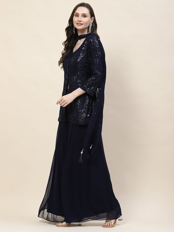 Sequin Embroidery Georgette Kurti With Palazzo &amp; Dupatta