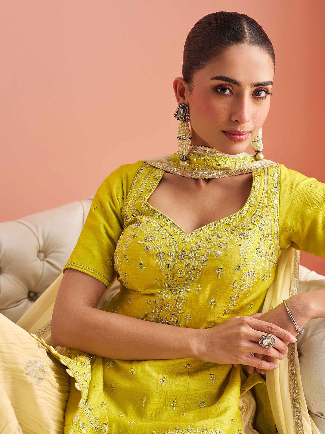 Embroidered Chinon Kurti With Gharara &amp; Dupatta
