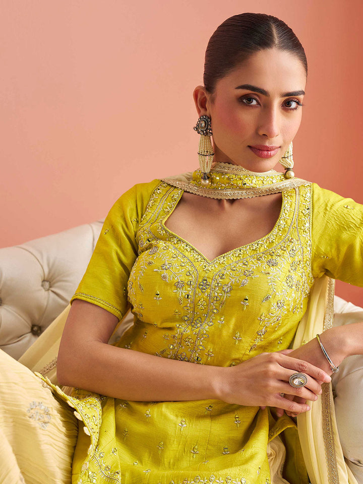 Embroidered Chinon Kurti With Gharara &amp; Dupatta