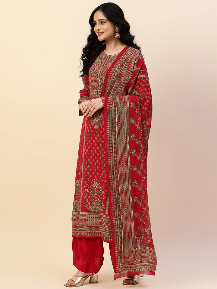 Digital Printed Crepe Kurta With Palazzo &amp; Dupatta