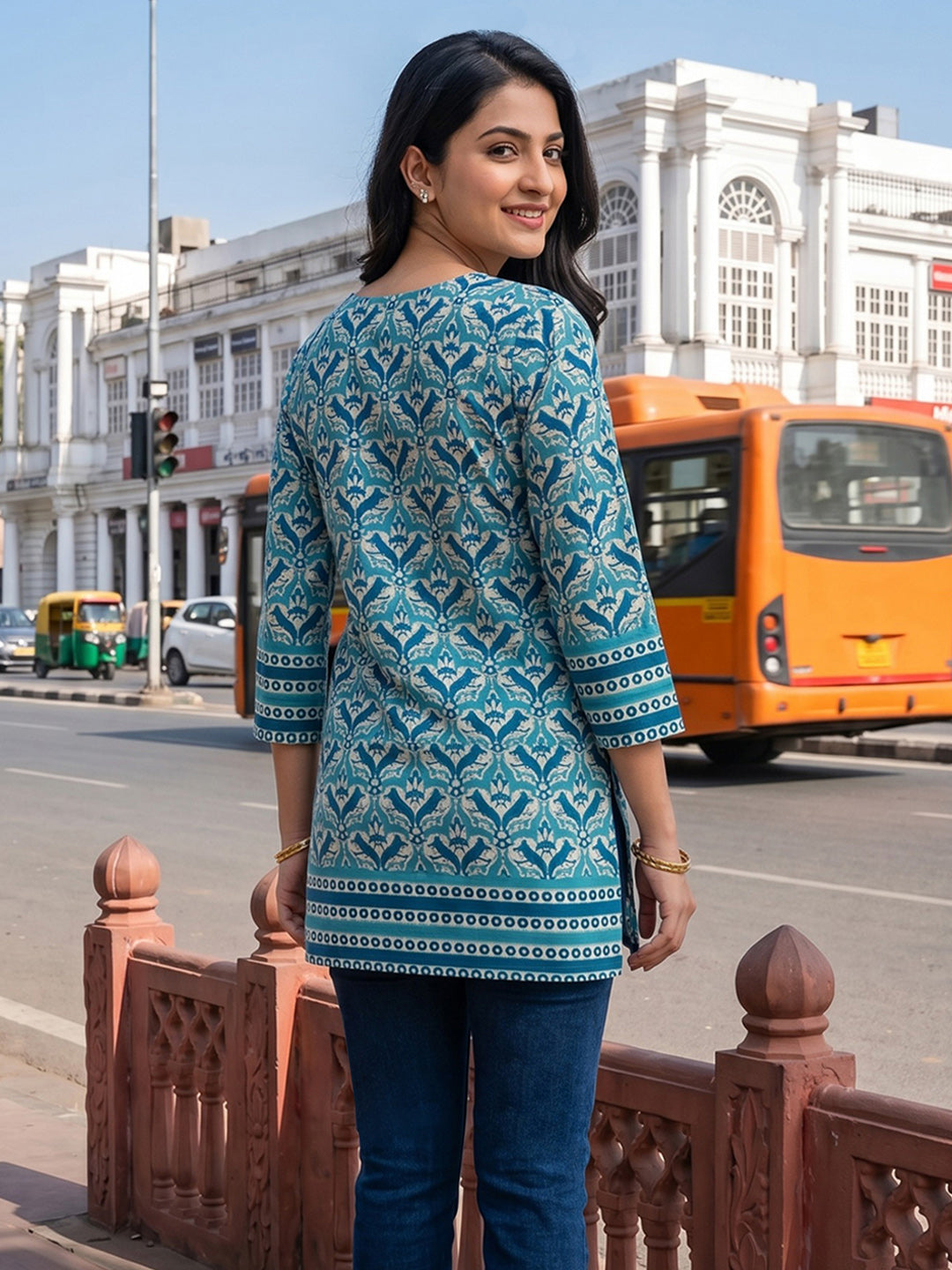 Sky Blue Embroidered Cotton Blend Straight Round Neck Suit Set
