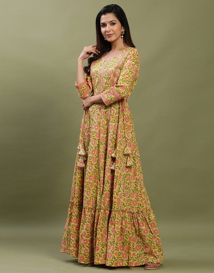 Printed Cotton Anarkali Gota Trim Kurti