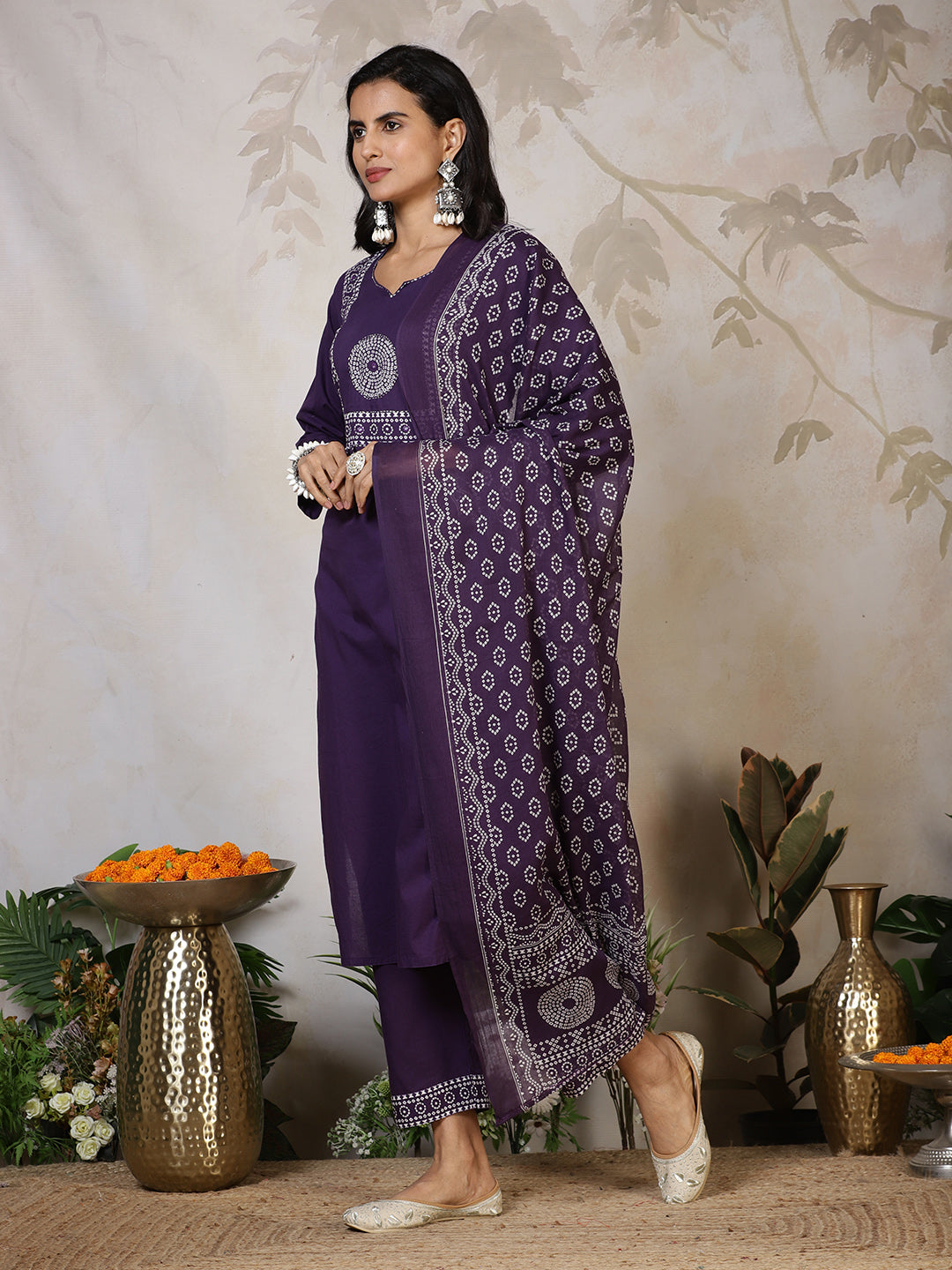 Printed Cotton Blend Kurta With Pants &amp; Dupatta