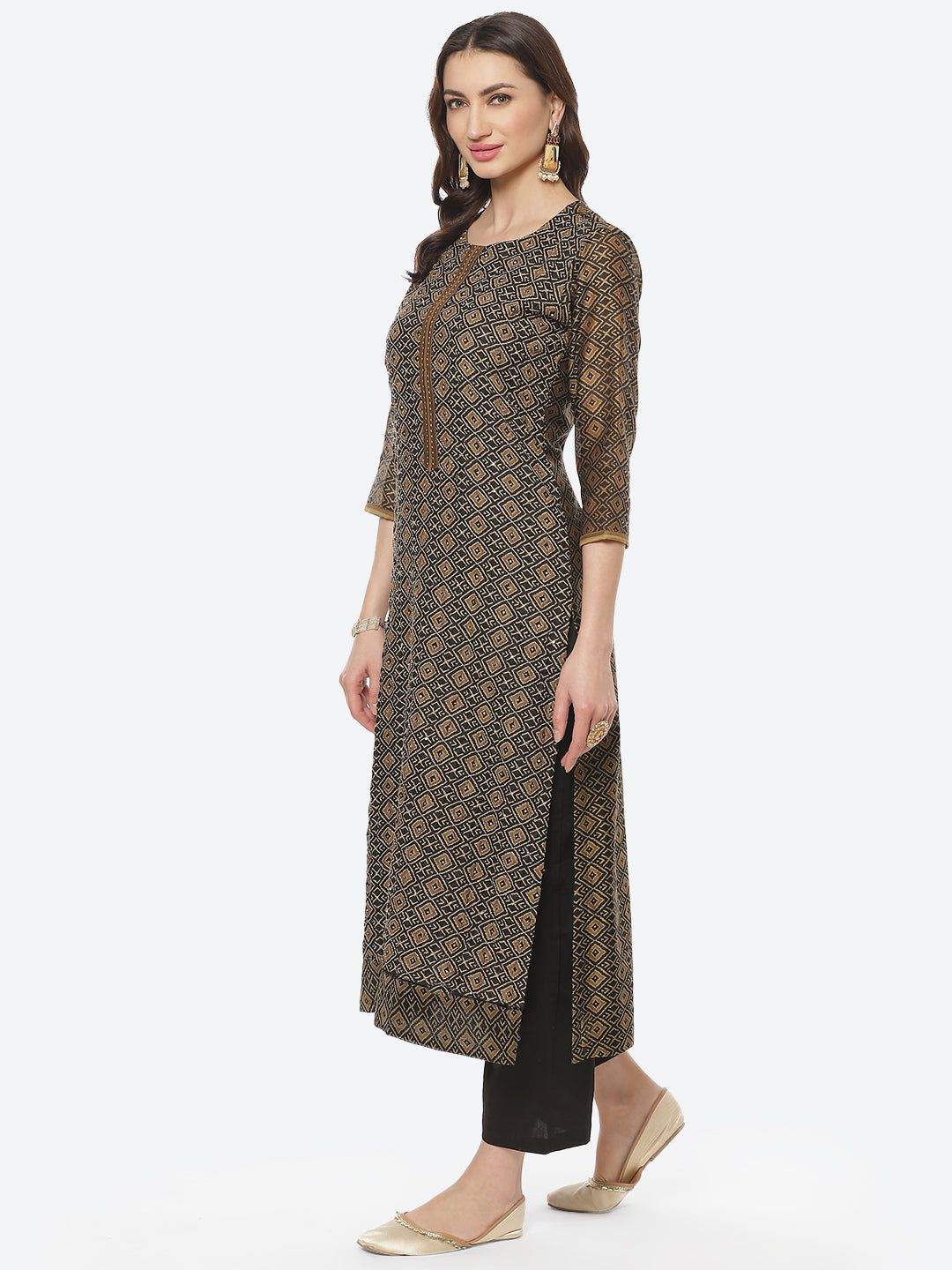 Printed Kantha Work Chanderi Kurti With Pant