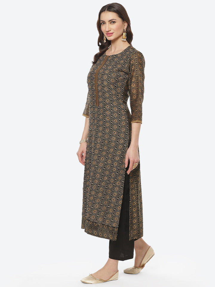 Printed Kantha Work Chanderi Kurti With Pant