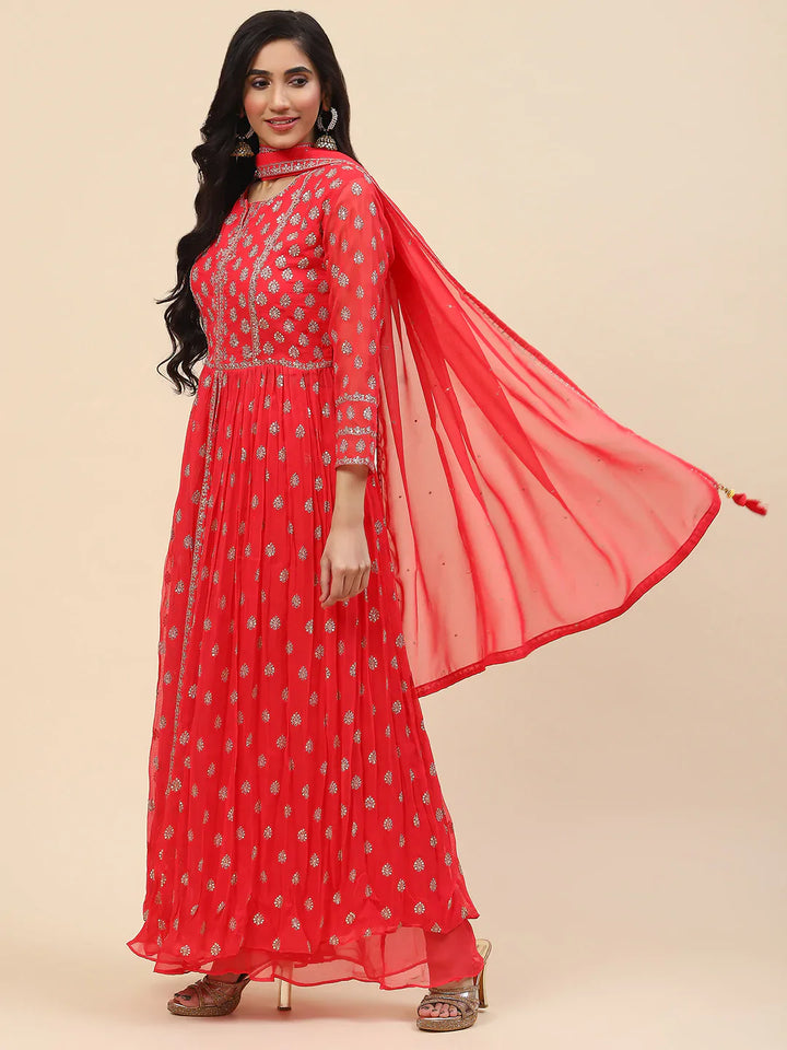Sequin Embroidered Georgette Kurta With Sharara &amp; Dupatta