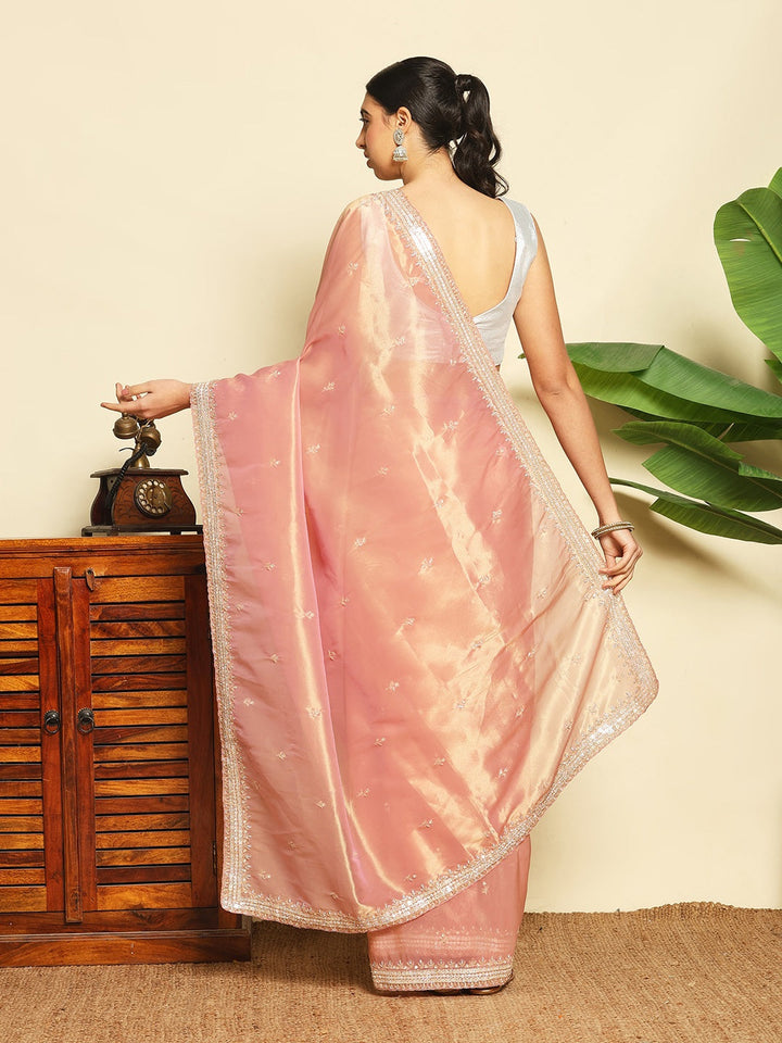 Stone &amp; Sequin Embroidered Tissue Saree