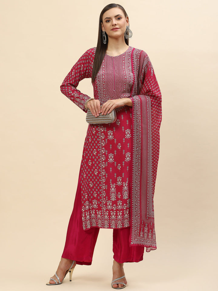 Floral Digital Printed Crepe Kurta With Palazzo &amp; Net Dupatta