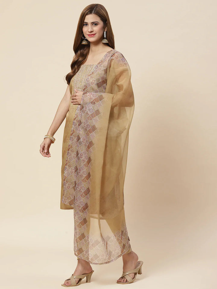 Neck Embroidered Chanderi Unstitched Suit Piece With Dupatta
