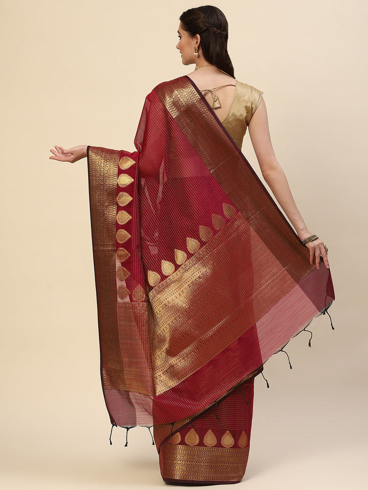 Stripes Zari Jaal Cotton Woven Saree