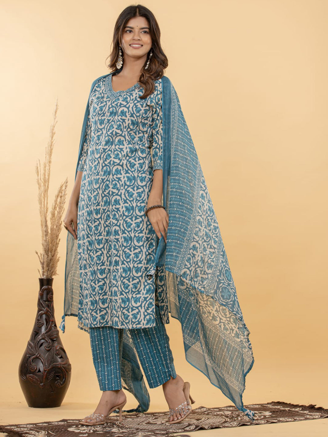 Light Blue Embroidered Cotton Blend Straight Suit Set With Dupatta