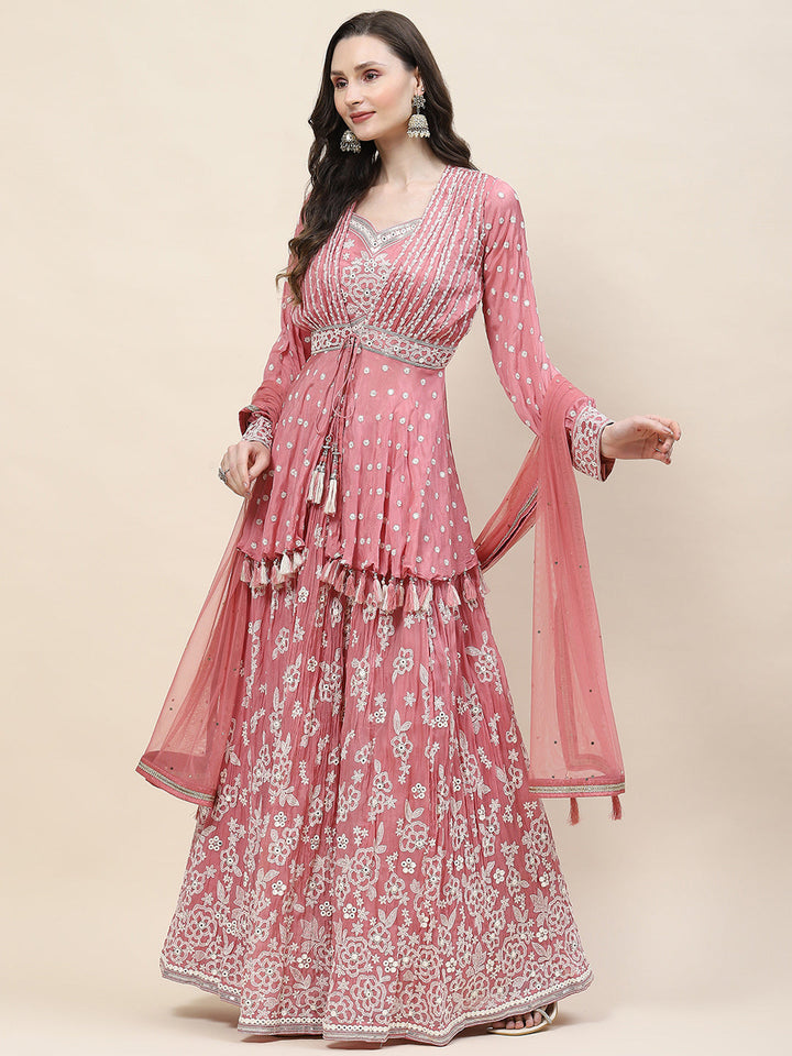 Resham Jaal Embroidery Crepe Choli  Jacket With Lehenga &amp; Dupatta