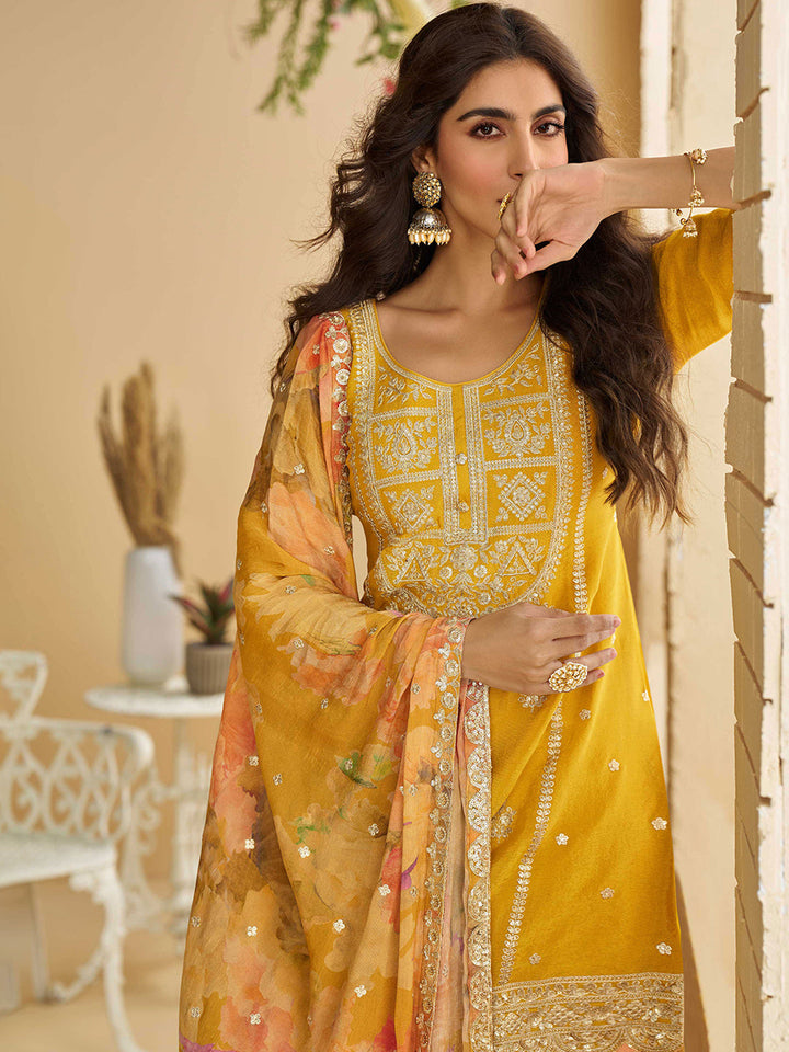 Embroidered Chinnon Kurta With Sharara &amp; Dupatta