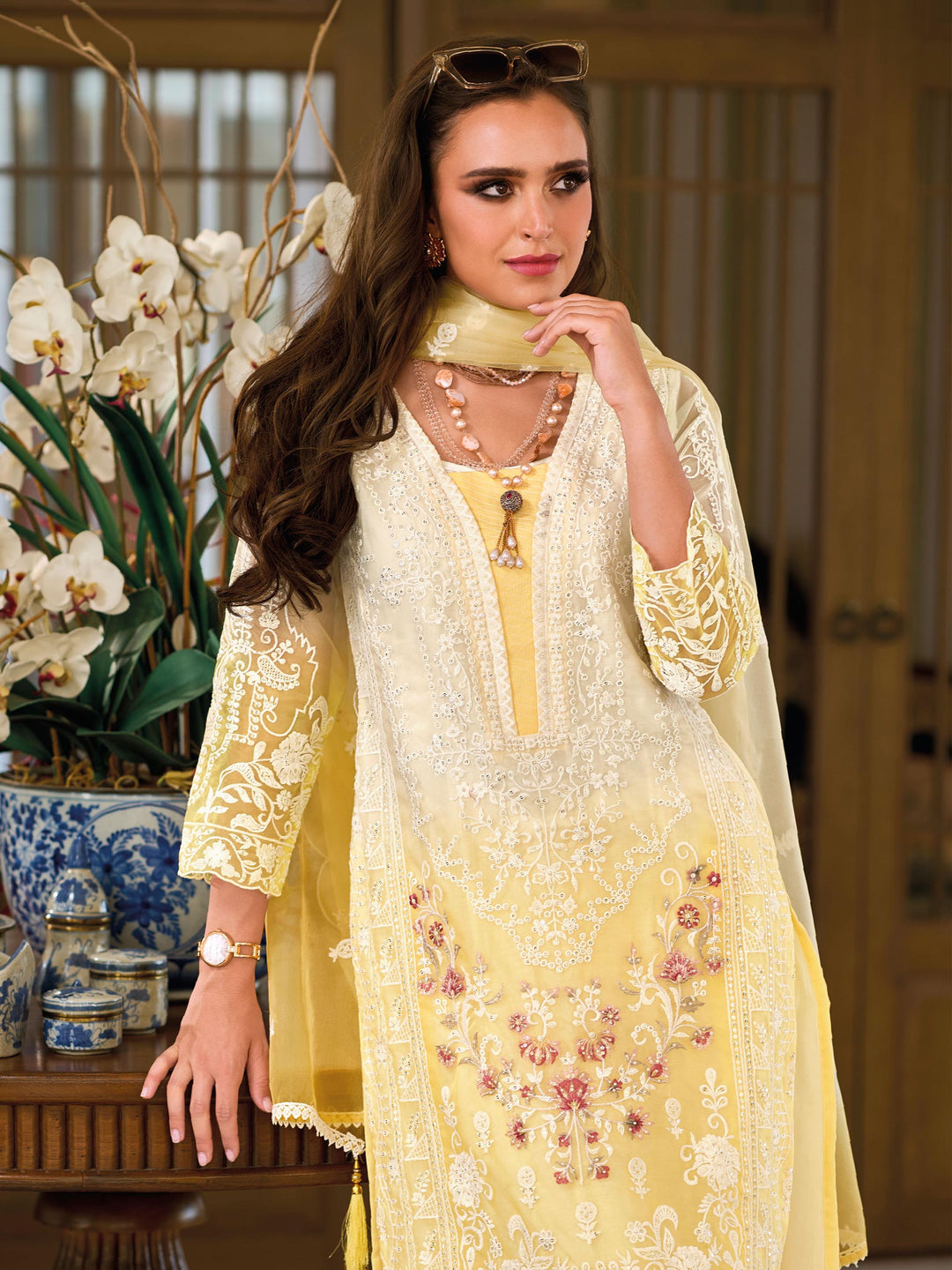 Embroidered &amp; Sequin Straight Round Neck Pant Art Silk Kurta