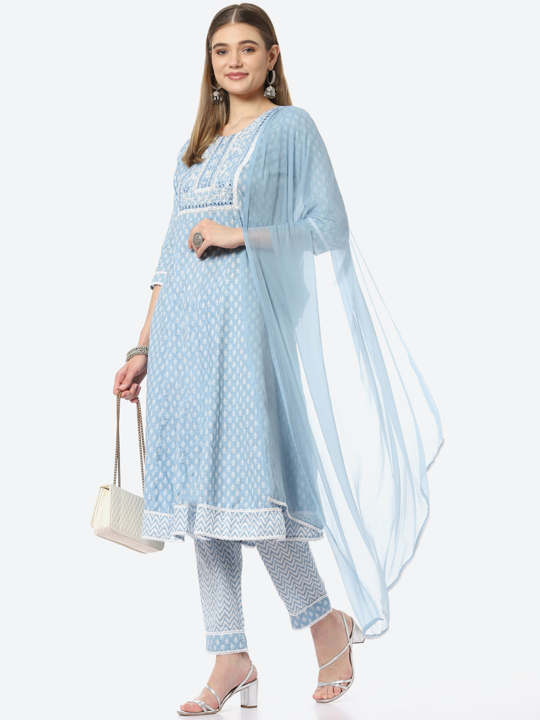 Resham Neck Booti  Printed Cotton A-line Kurta With Pant &amp; Chiffon Dupatta