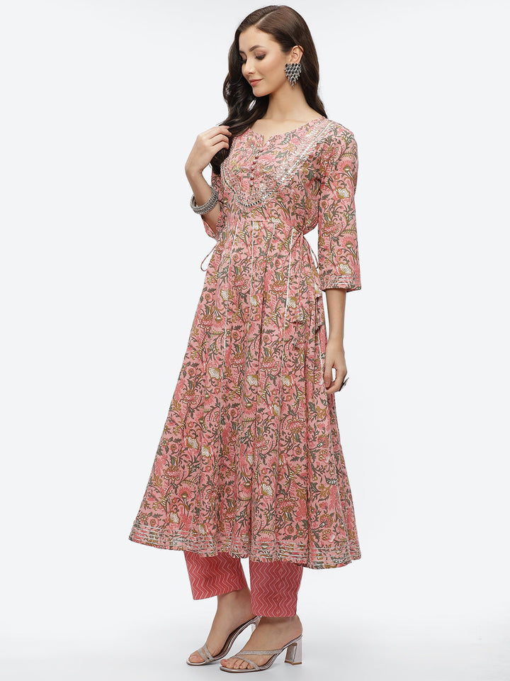 Gota Work Printed Cotton Anarkali Kurta With Pant