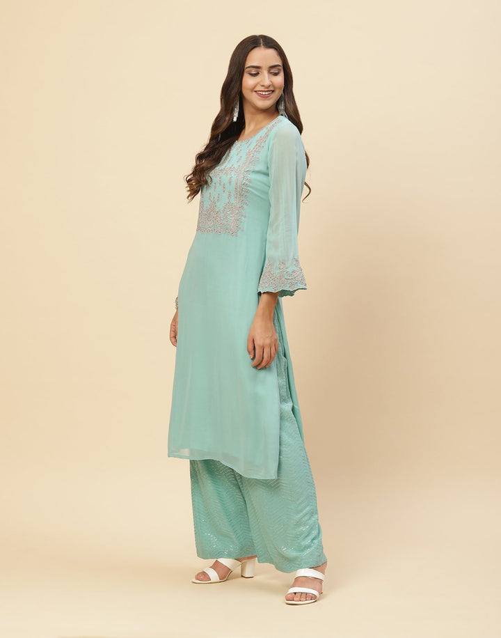 Zari Embroidered Georgette Kurti With Palazzo