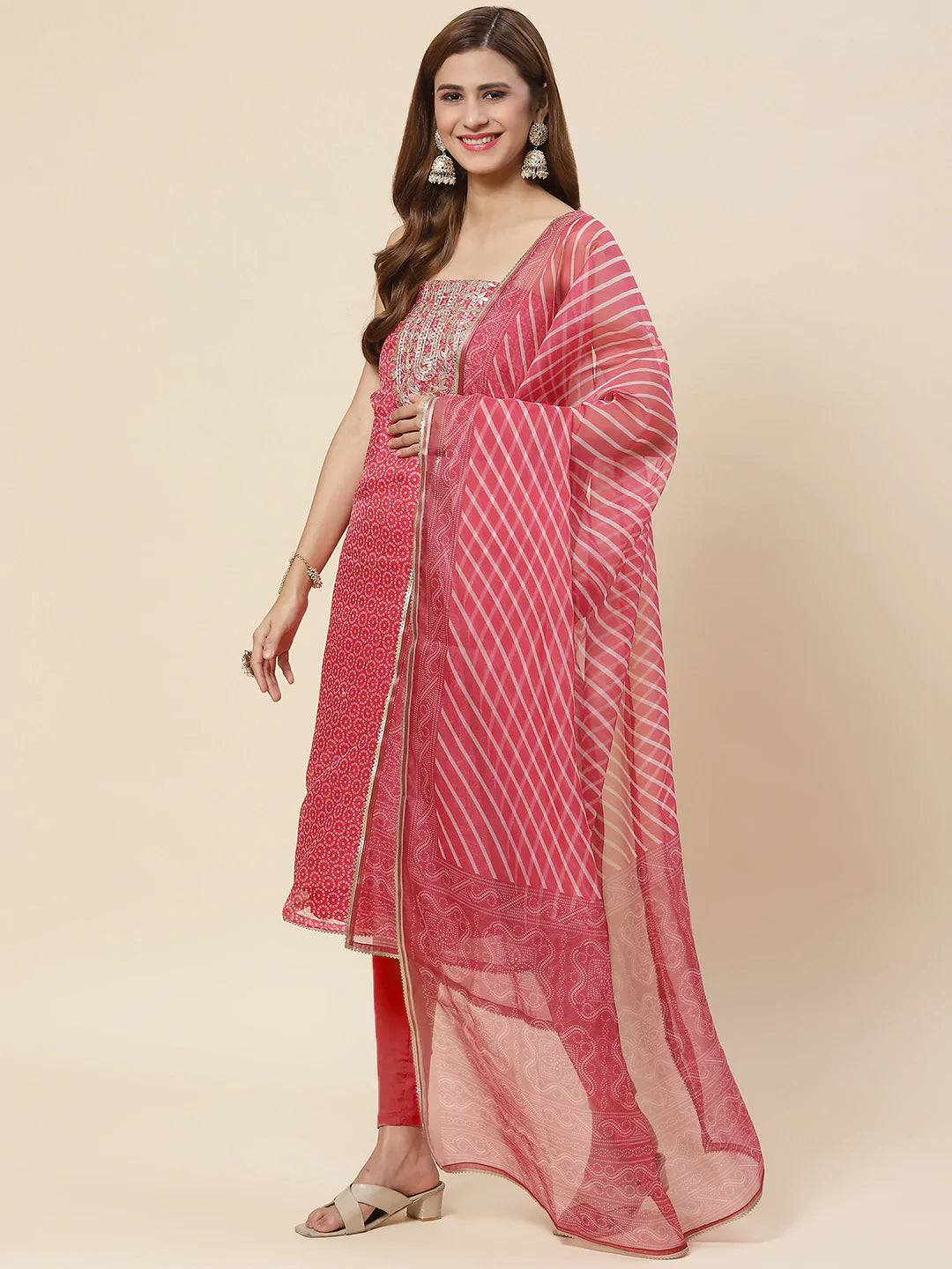Bandhani Printed Organza Unstitched Suit Piece With Dupatta