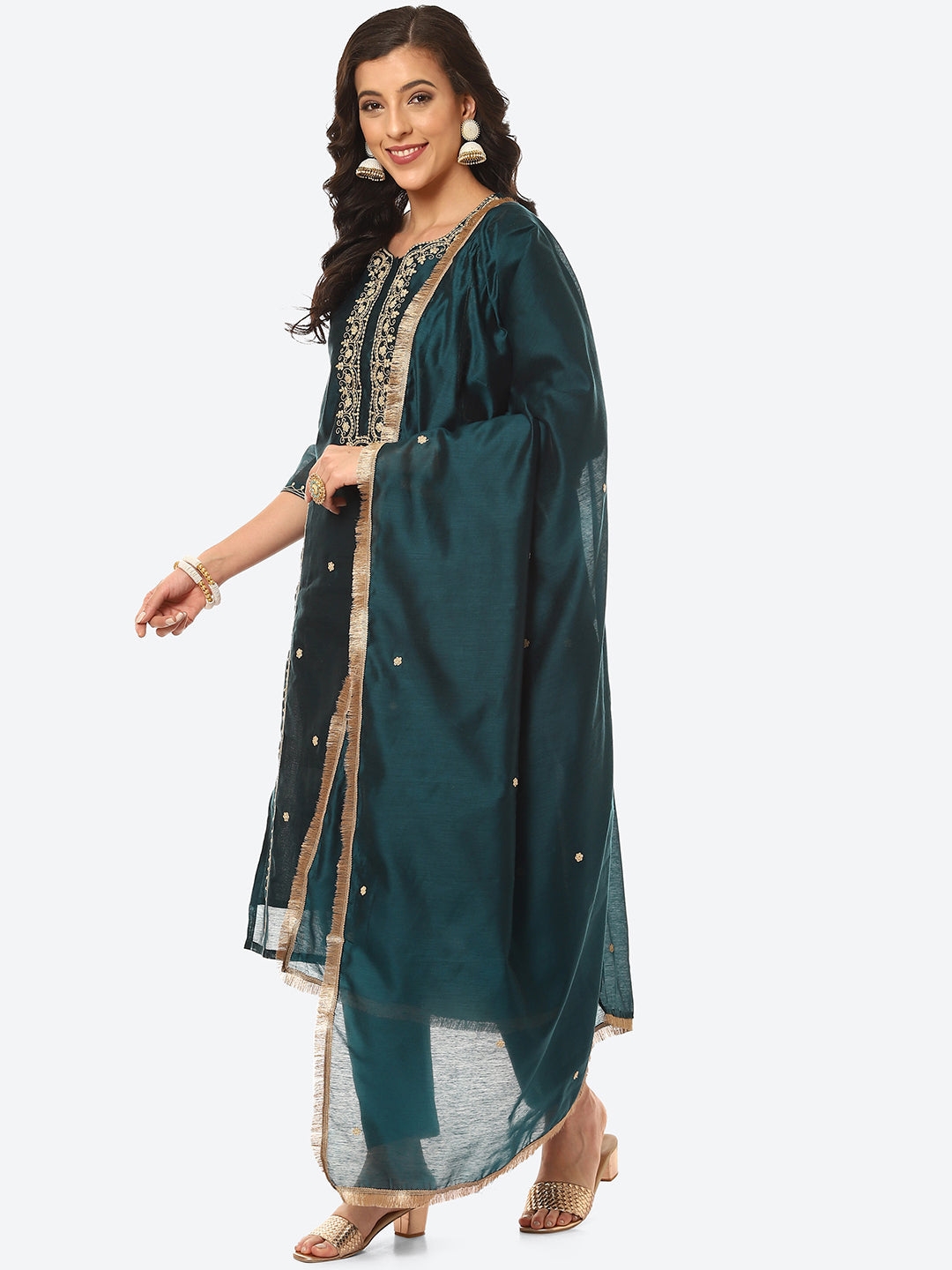 Zari Neck Embroidered Booti Chanderi Kurta With Pant &amp; Dupatta