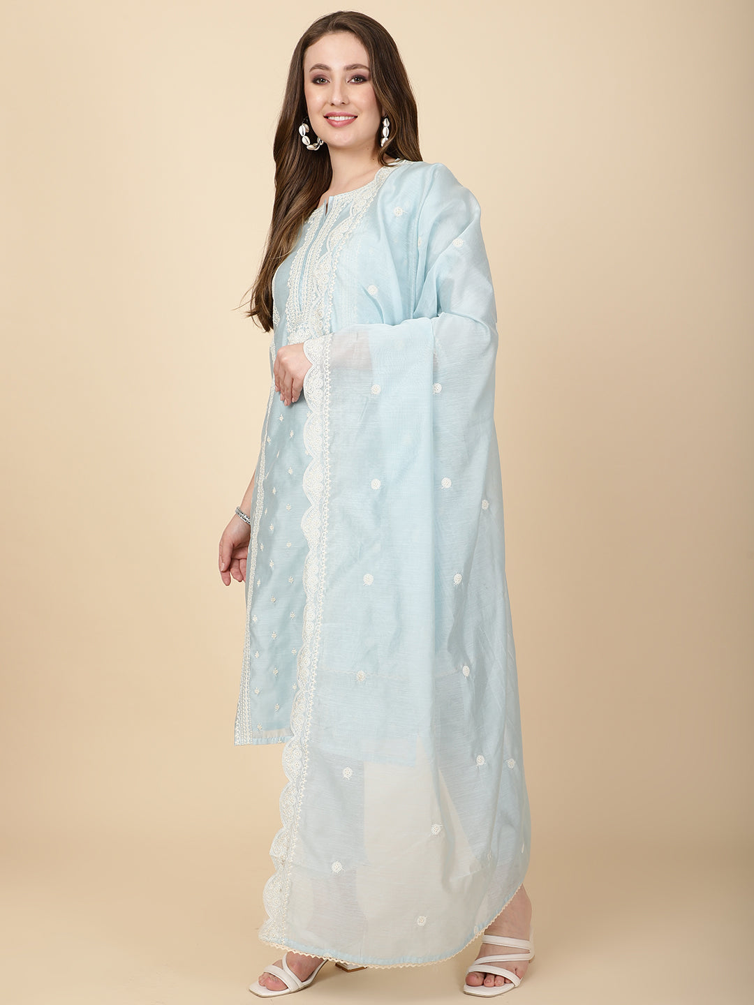 Booti Embroidery Chanderi Kurta With Pants &amp; Dupatta