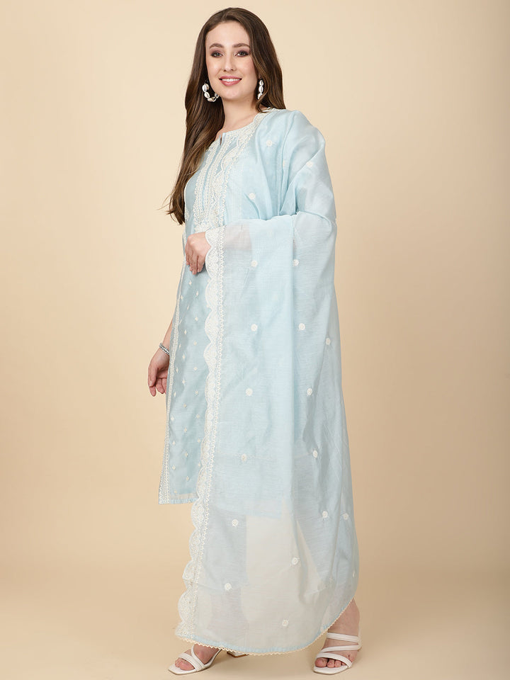 Booti Embroidery Chanderi Kurta With Pants &amp; Dupatta