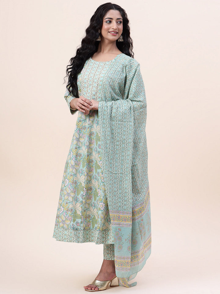Floral Printed Cotton Kurta With Pants &amp; Dupatta